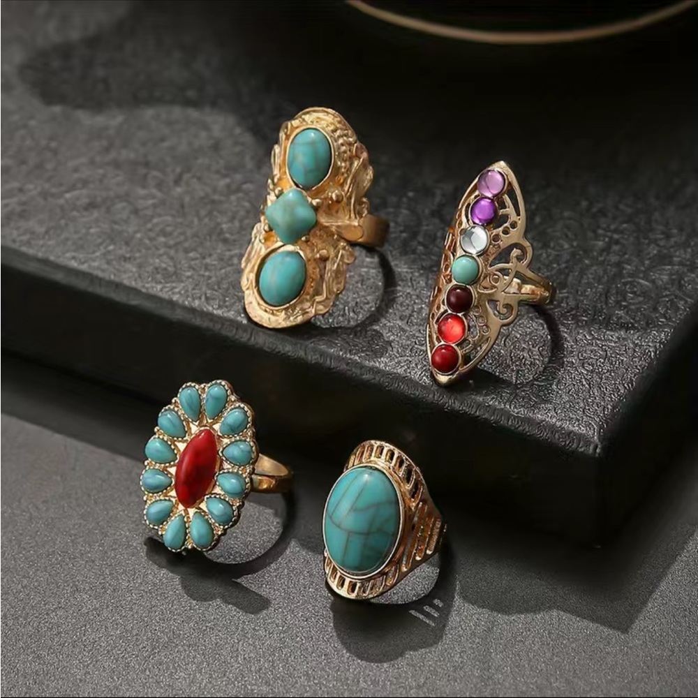Boho Style Gold And Turquoise Stackable Ring Set - image 6